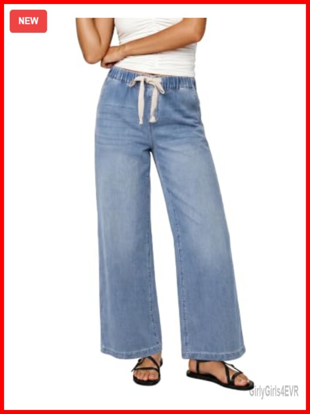 Wide Leg High Waisted Jeans Elastic Waist Drawstring Stretchy Pull On Pockets